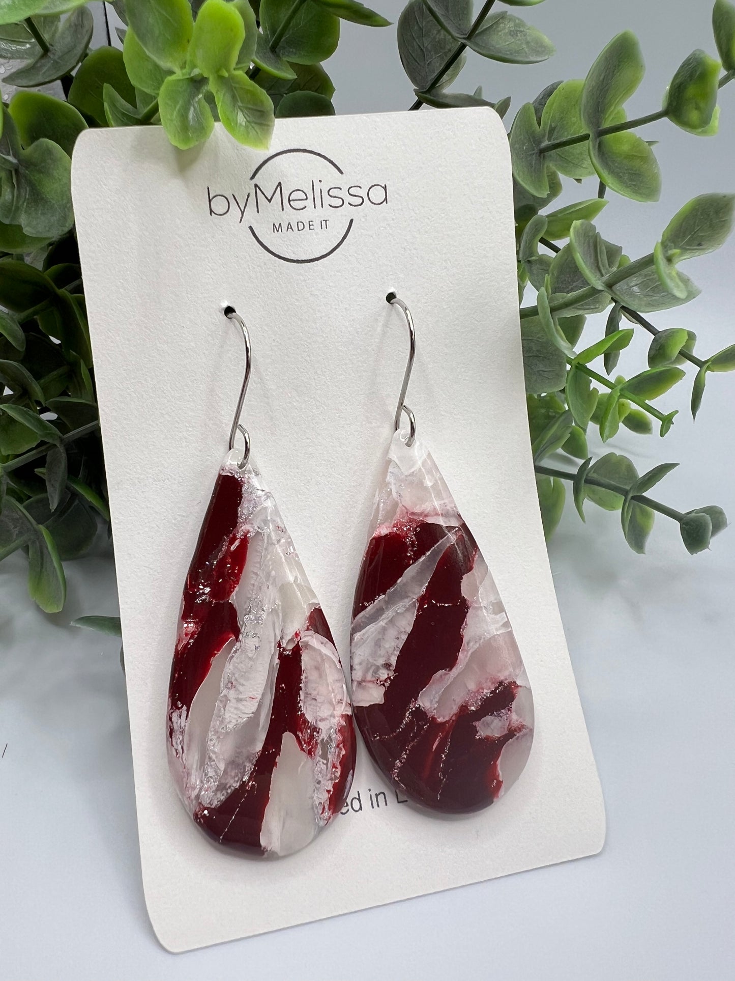 Maroon and White Large Teardrop Drop Earrings in Silver