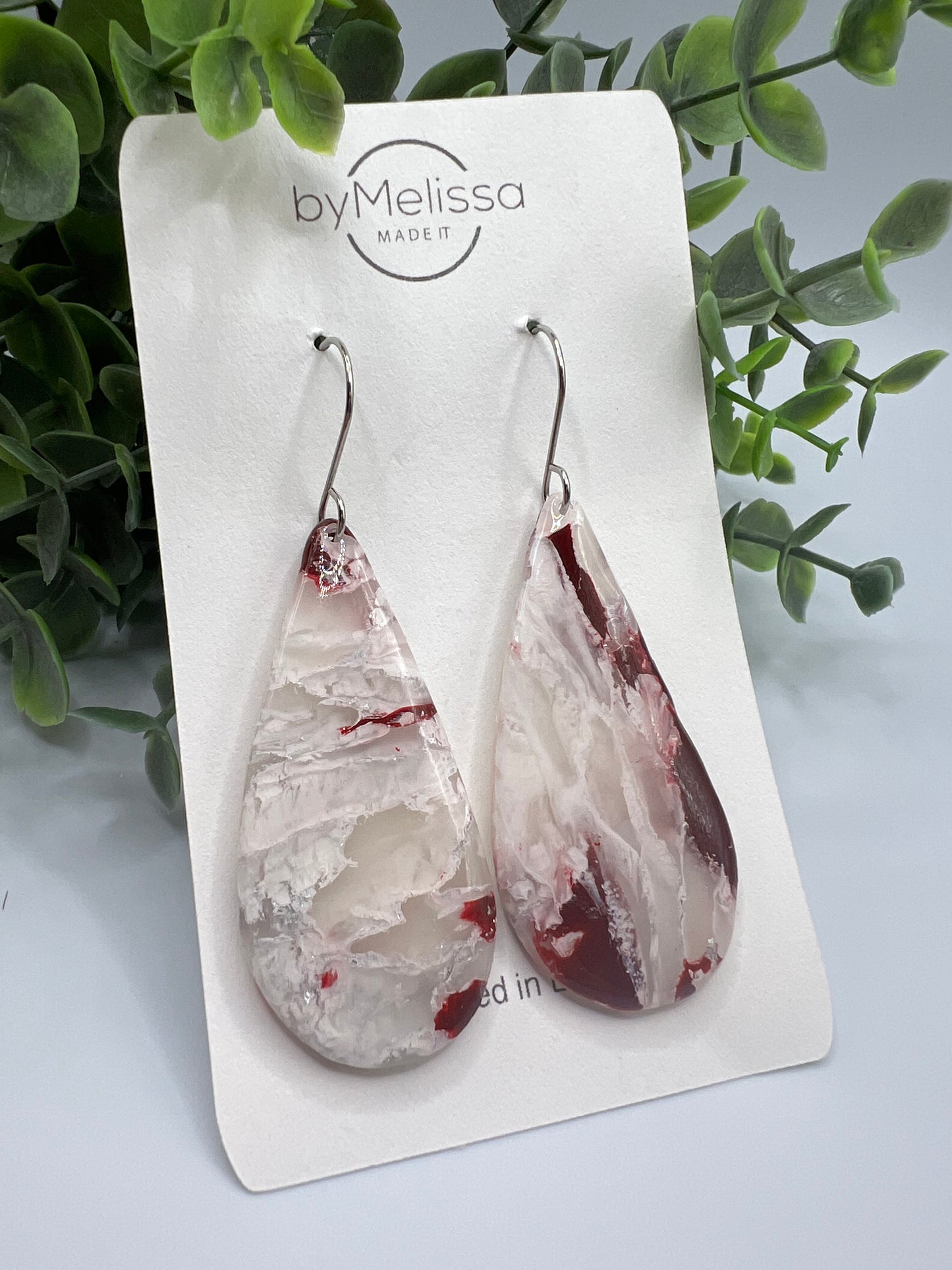 Maroon and White Large Teardrop Drop Earrings in Silver