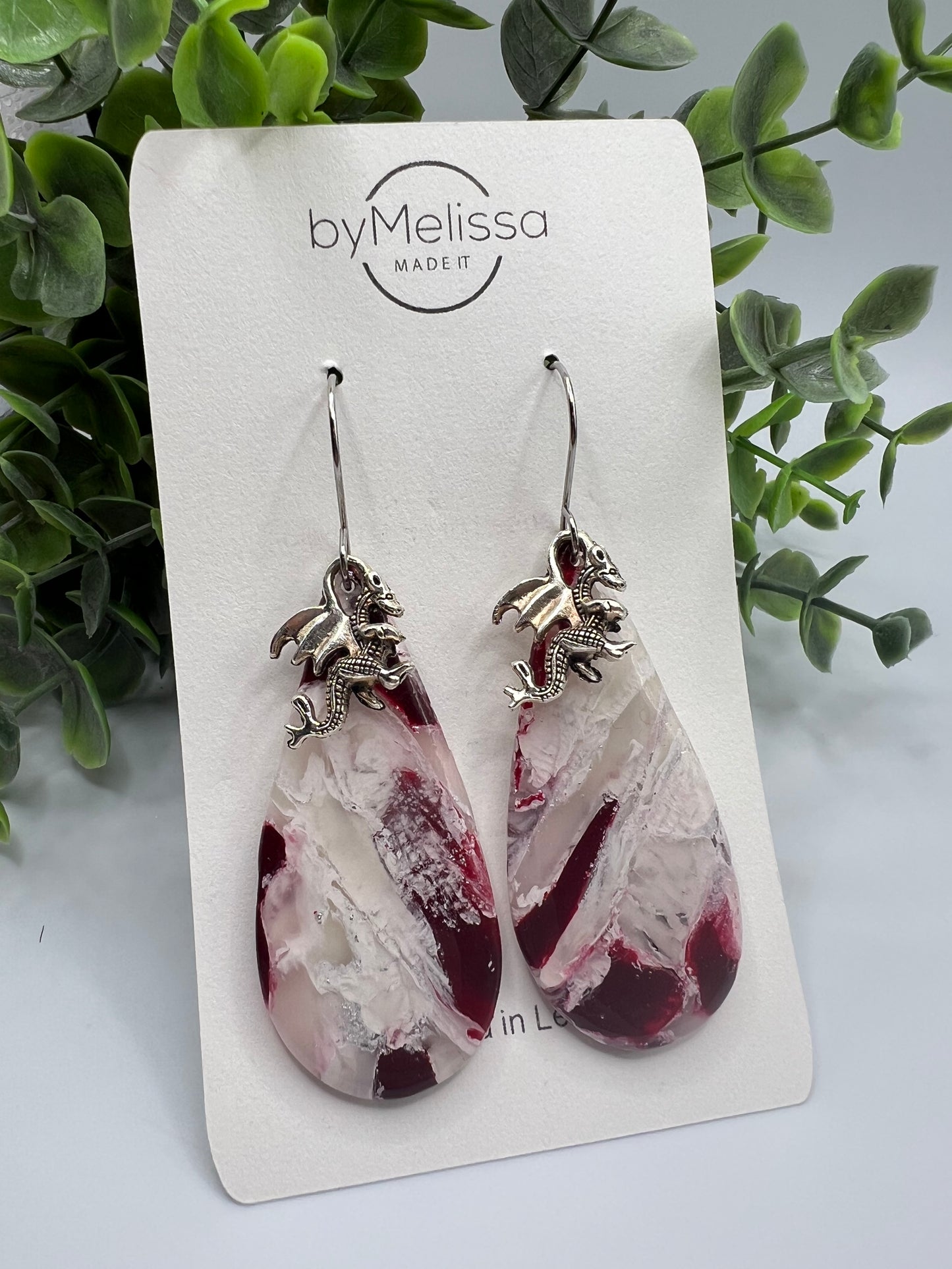 Maroon and White Large Teardrop Drop Earrings in Silver with Dragon Charm