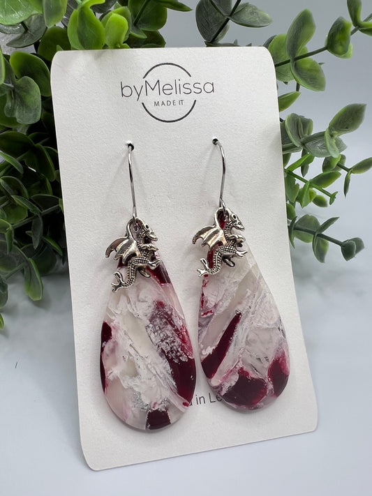 Maroon and White Large Teardrop Drop Earrings in Silver with Dragon Charm