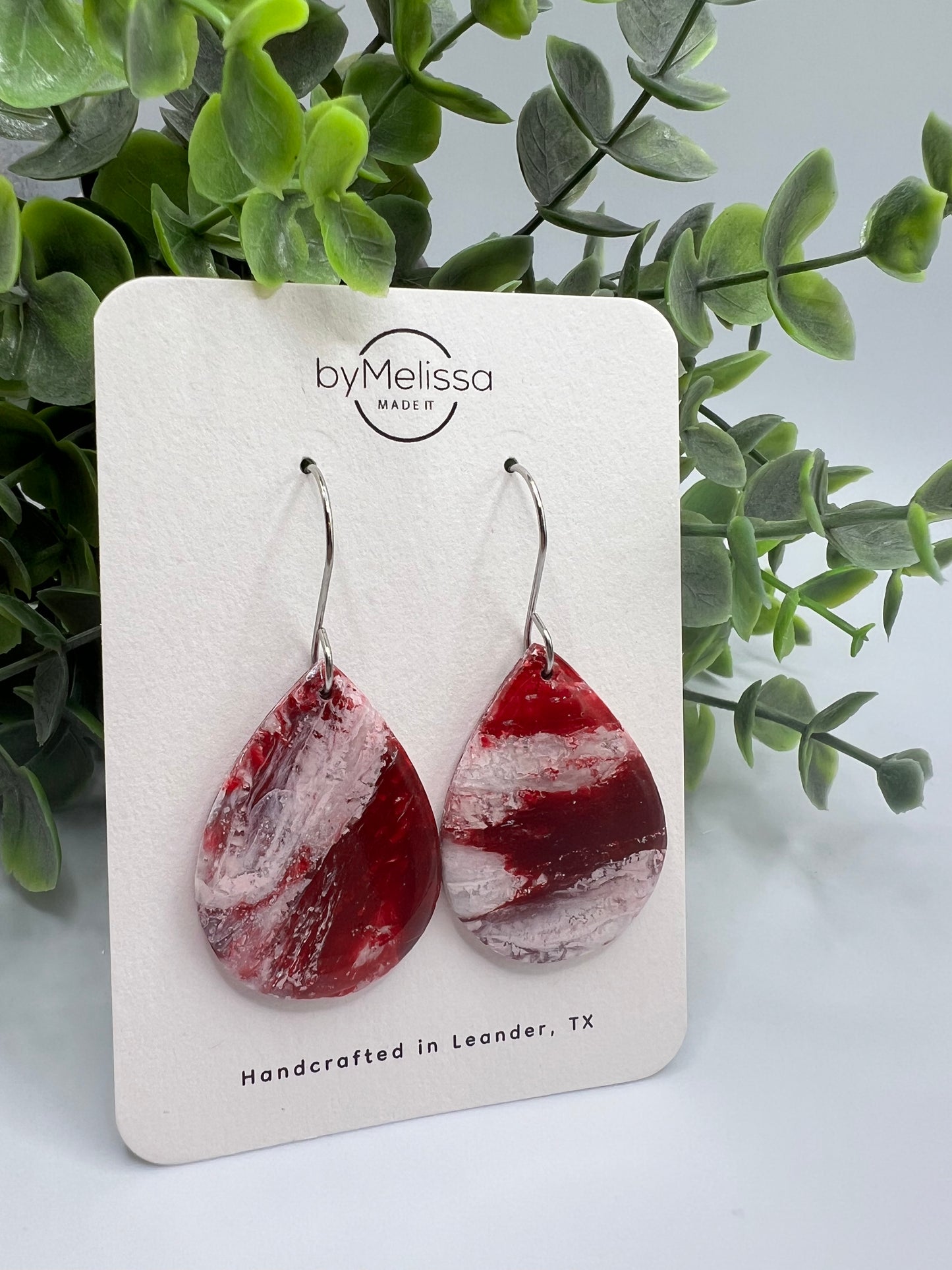 Maroon and White Small Wide Teardrop Drop Earrings in Silver