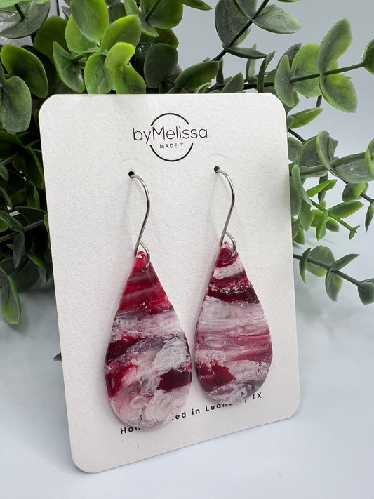 Maroon and White Small Teardrop Drop Earrings in Silver