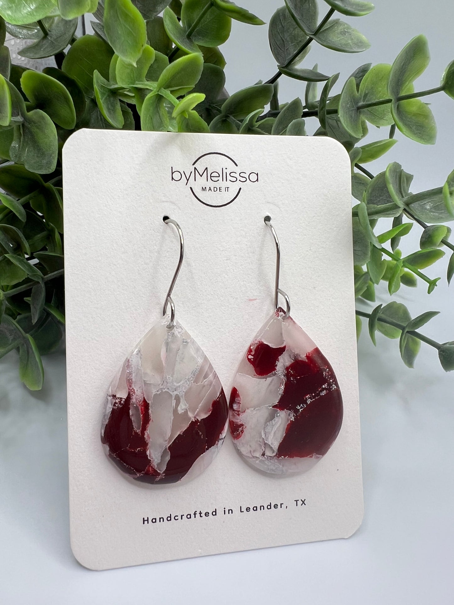 Maroon and White Small Wide Teardrop Drop Earrings in Silver