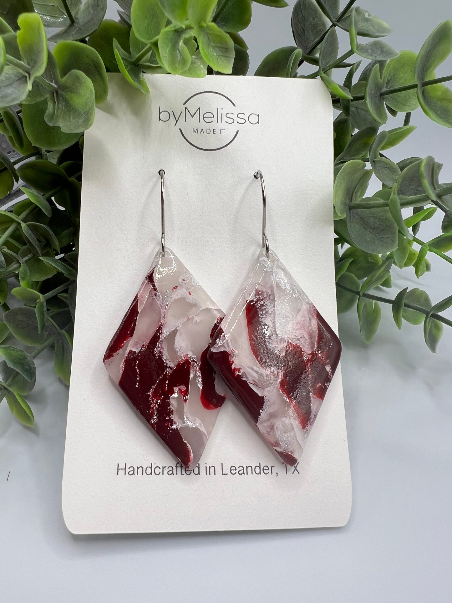 Maroon and White Large Diamond Drop Earrings in Silver