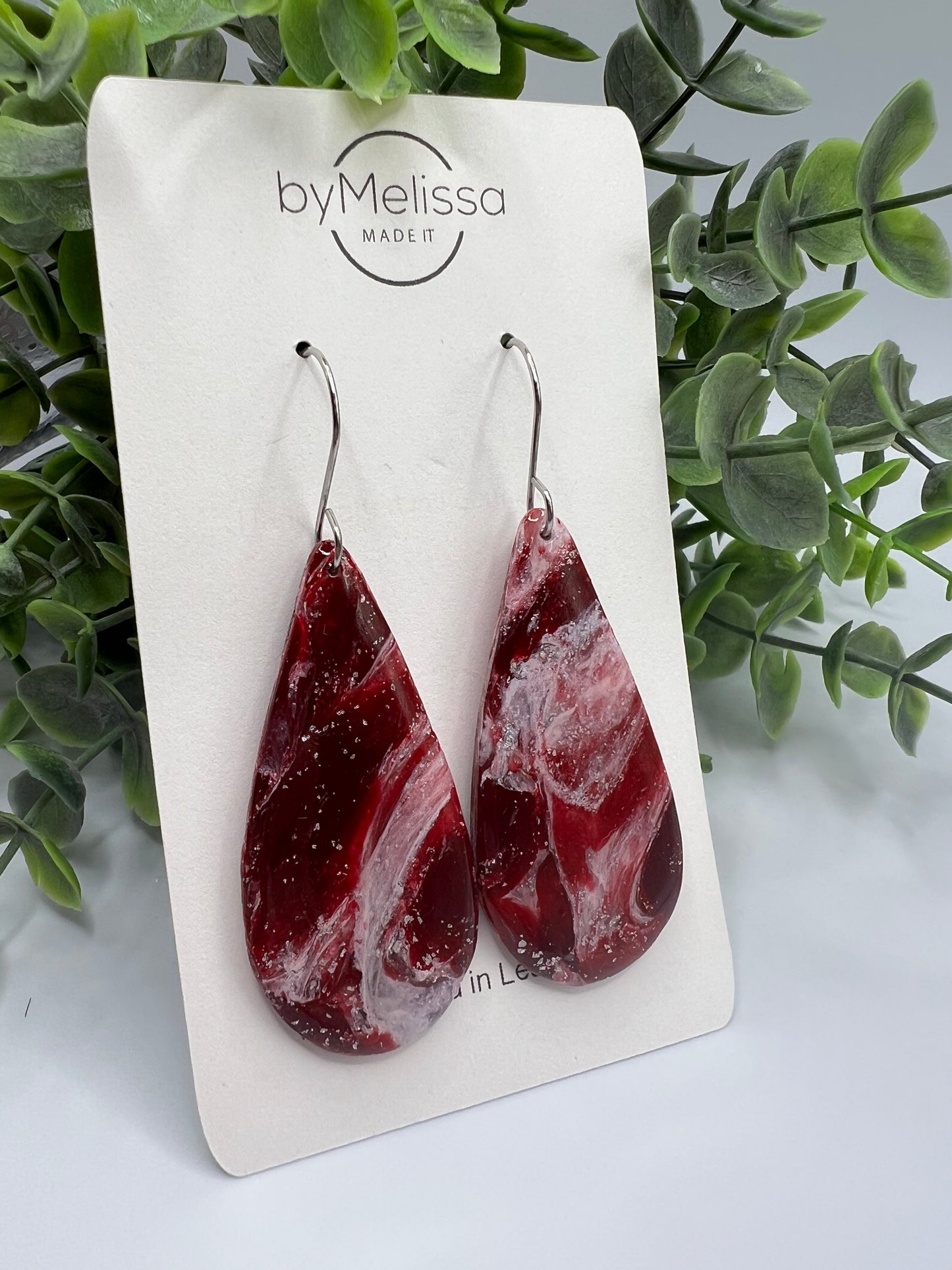 Maroon and White Large Teardrop Drop Earrings in Silver