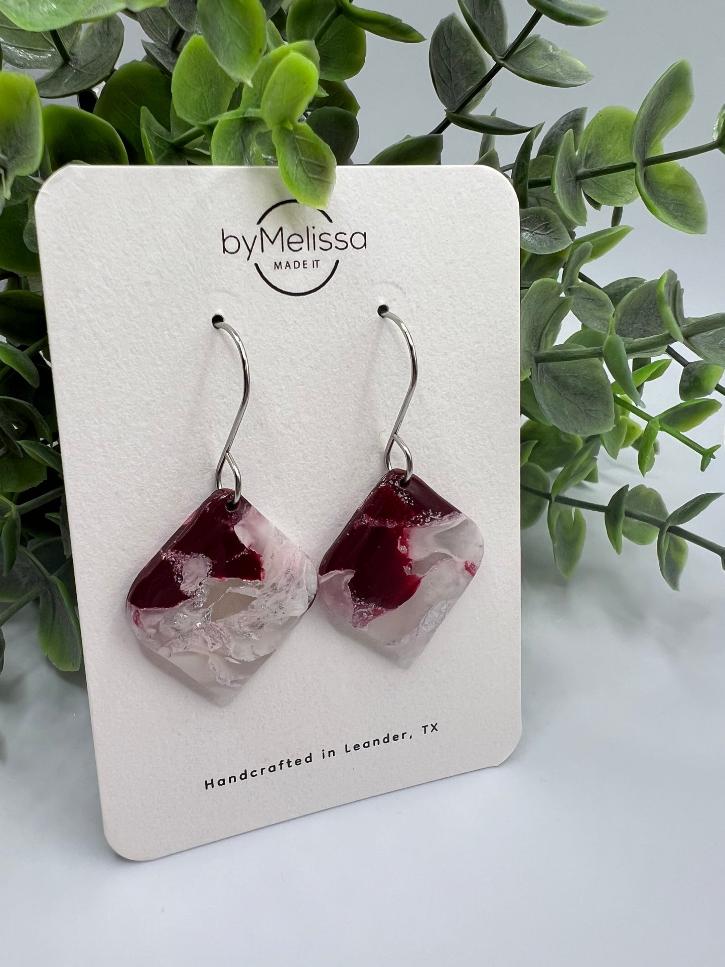 Maroon and White Small Rounded Square Drop Earrings in Silver