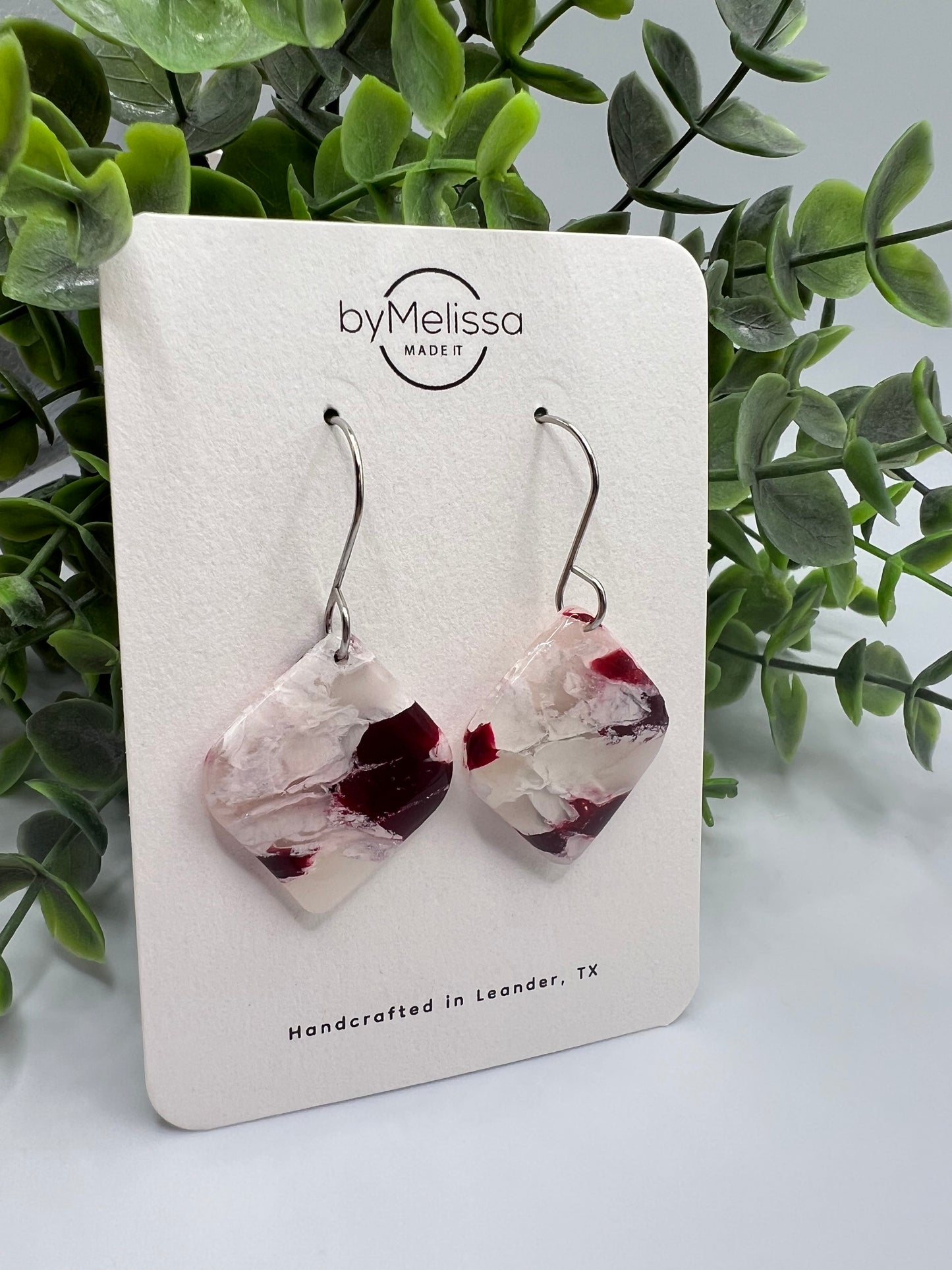 Maroon and White Small Rounded Square Drop Earrings in Silver