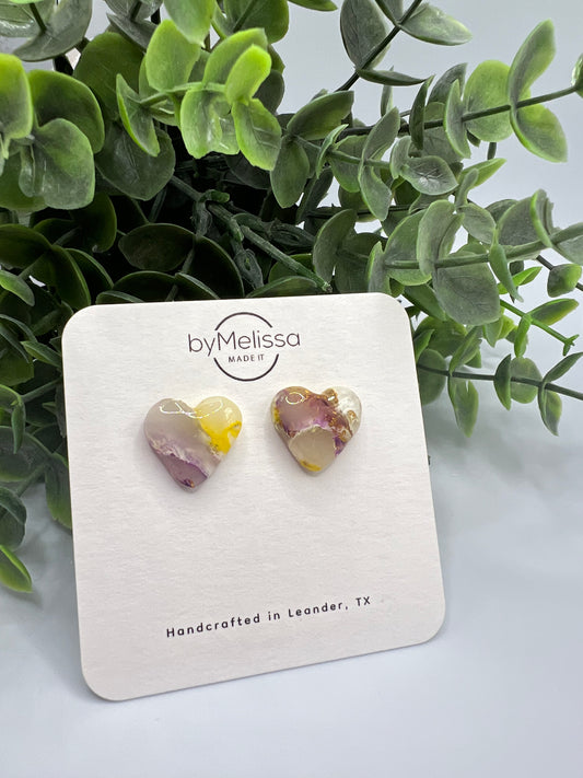 Purple and Gold Heart Stud Earrings