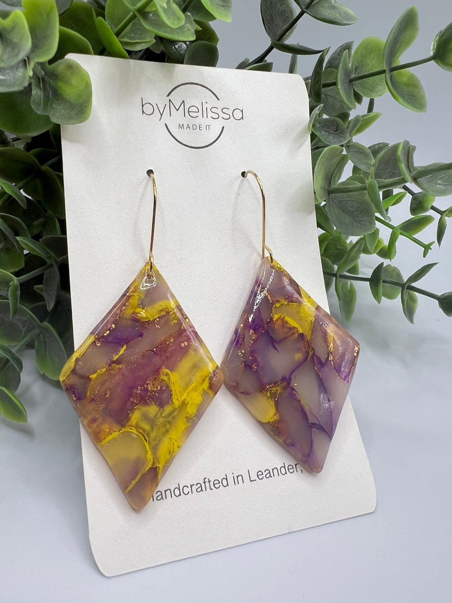 Purple and Gold Large Diamond Drop Earrings in Gold