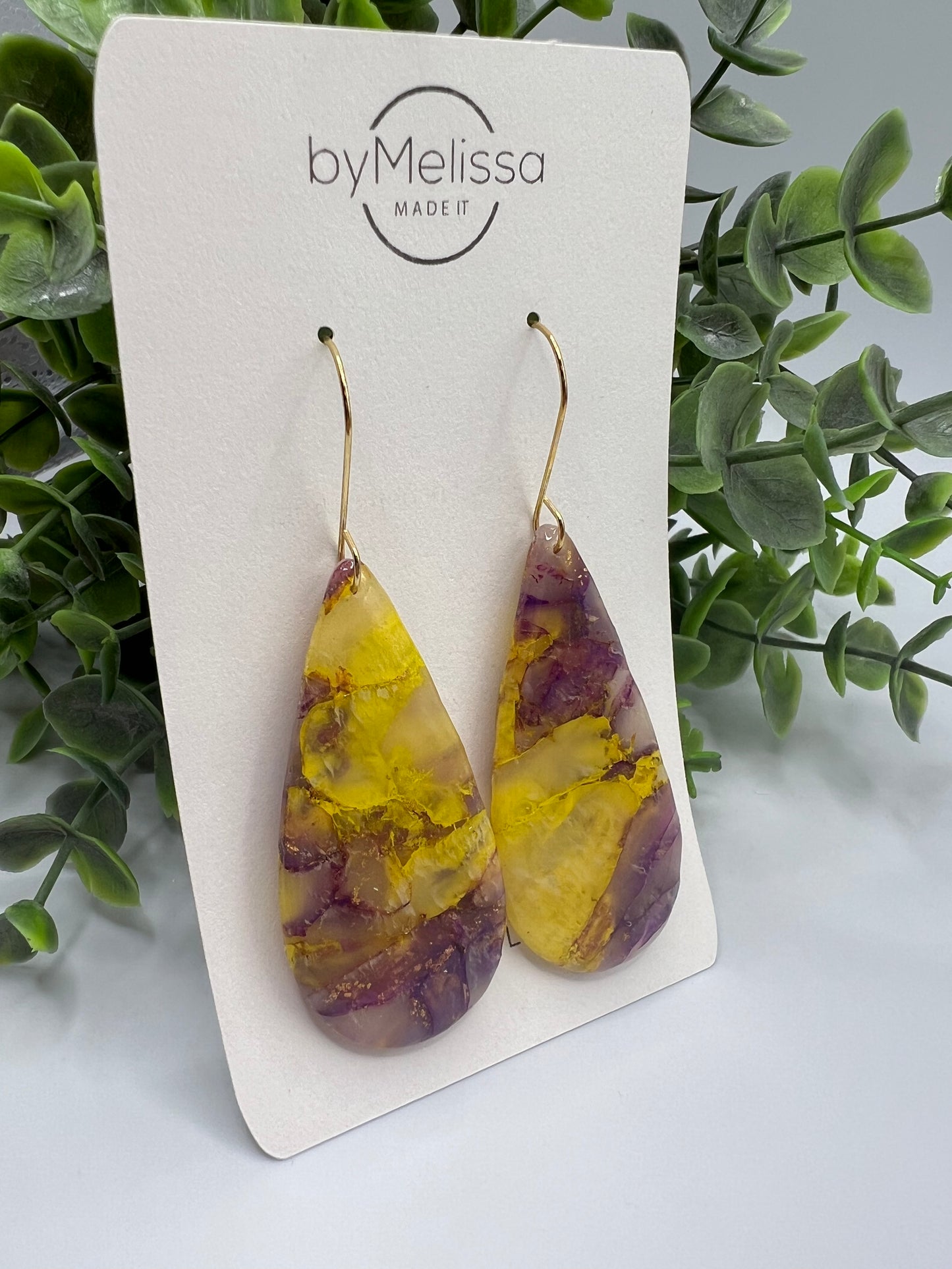 Purple and Gold Large Teardrop Drop Earrings in Gold