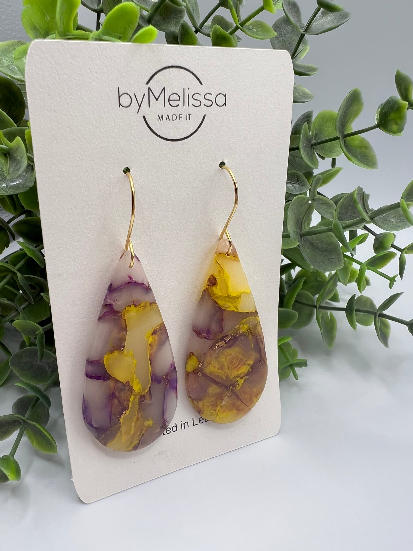 Purple and Gold Large Teardrop Drop Earrings in Gold