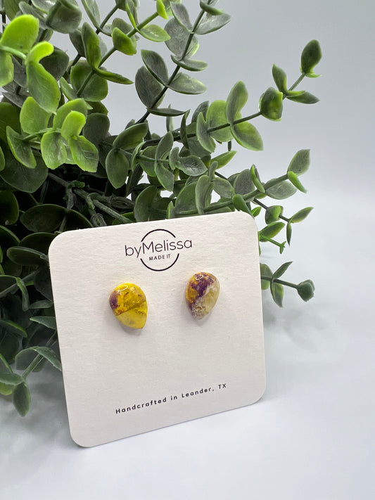 Purple and Gold Teardrop Stud Earrings