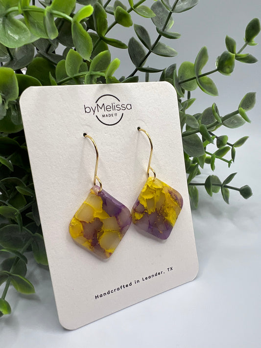 Purple and Gold Rounded Square Drop Earrings in Gold