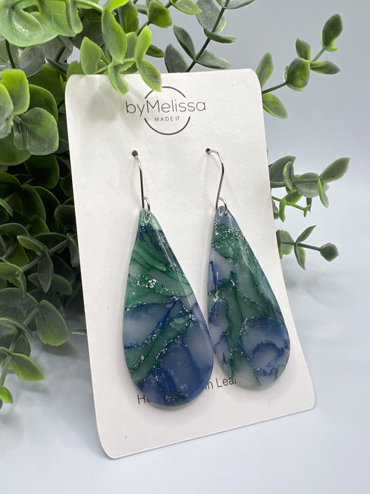 Forest Green and Blue Large Teardrop Drop Earrings in Silver