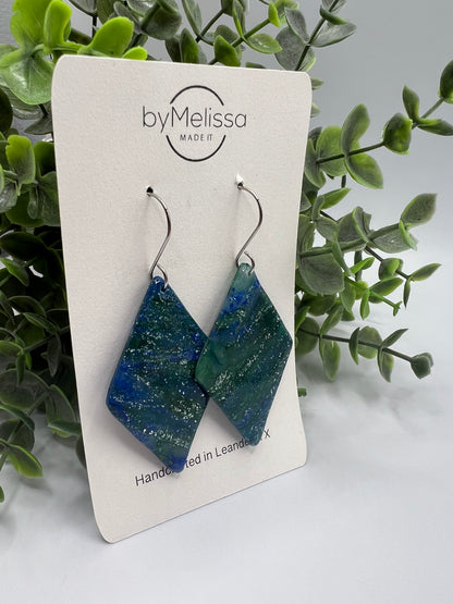 Forest Green and Blue Large Diamond Drop Earrings in Silver
