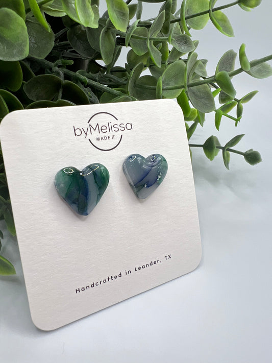 Forest Green and Blue Heart Stud Earrings