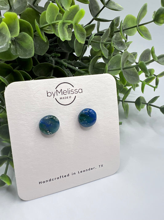 Forest Green and Blue Small Circle Stud Earrings