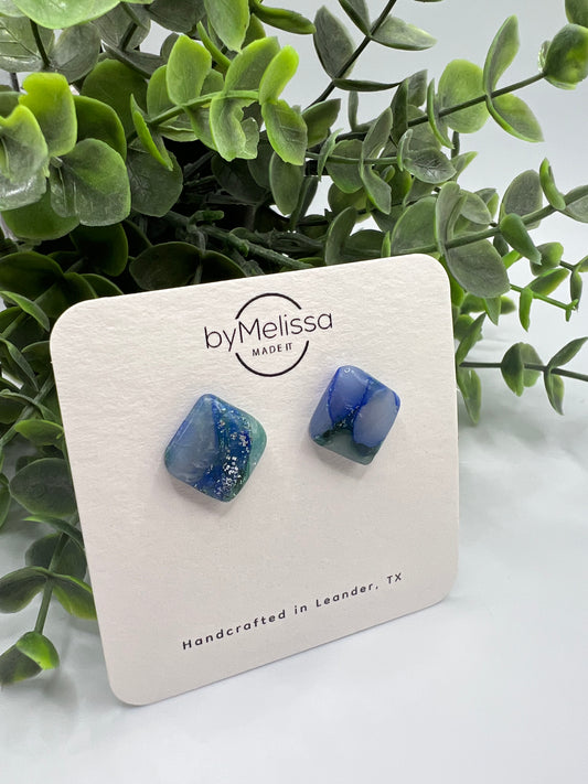 Forest Green and Blue Rounded Square Stud Earrings