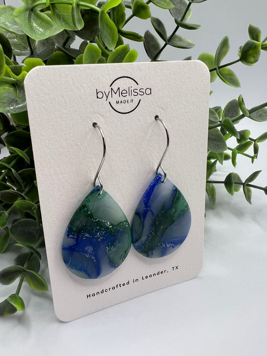 Forest Green and Blue Small Wide Teardrop Drop Earrings in Silver