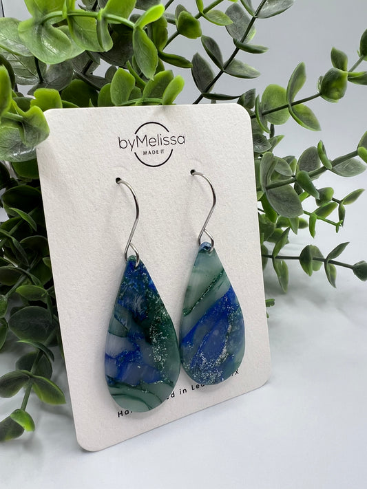 Forest Green and Blue Small Teardrop Drop Earrings in Silver