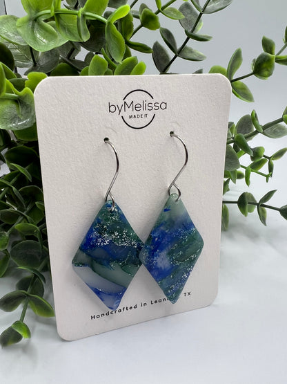 Forest Green and Blue Small Diamond Drop Earrings in Silver