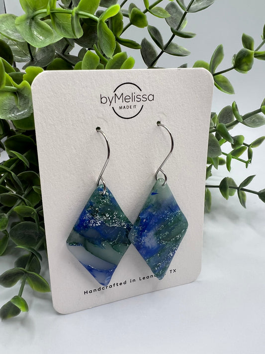 Forest Green and Blue Small Diamond Drop Earrings in Silver