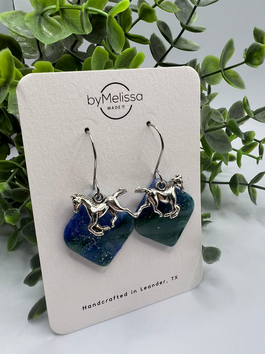 Forest Green and Blue Small Rounded Square Drop Earrings in Silver with Horse Charm