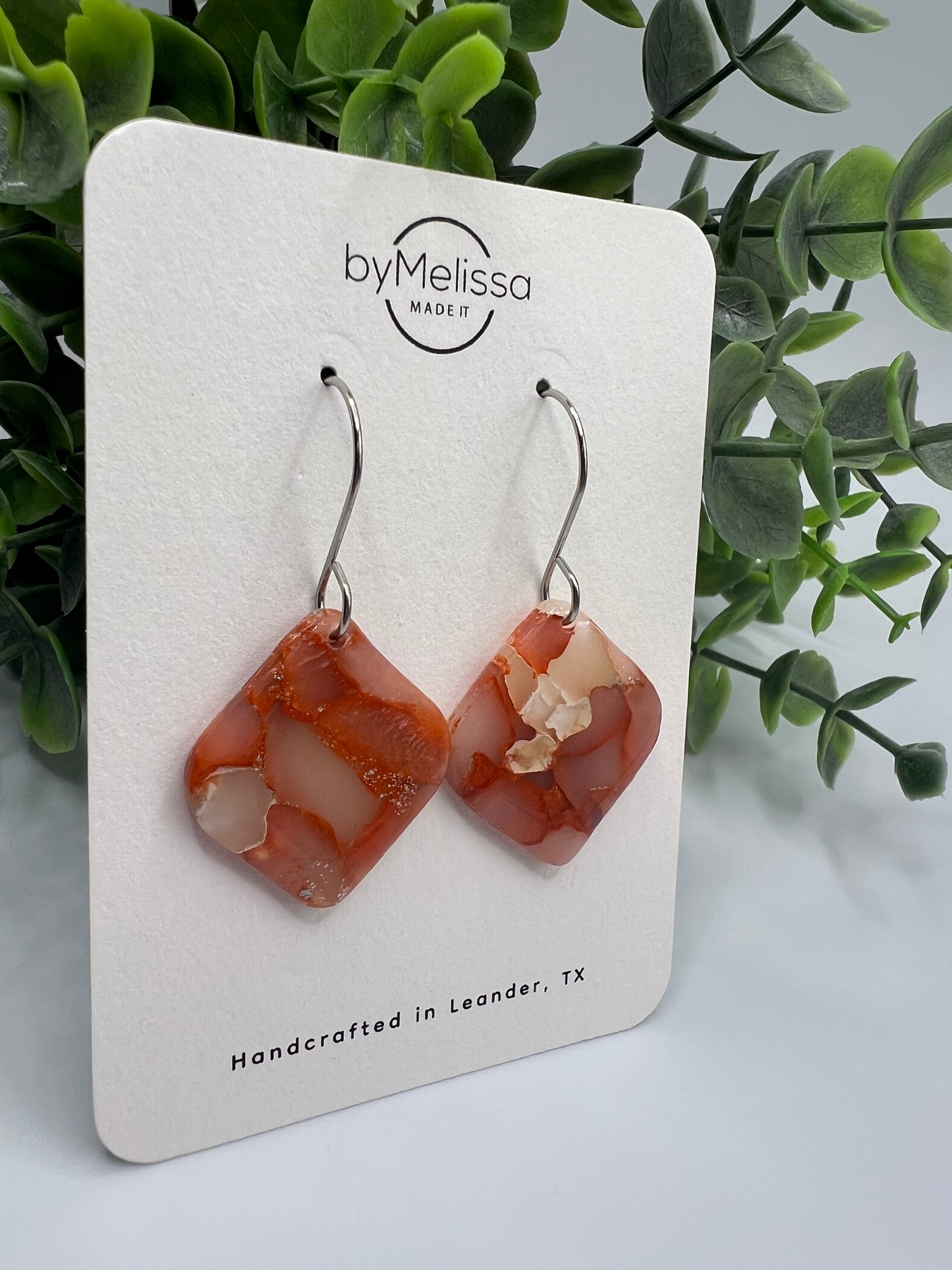 Orange and White Small Rounded Square Drop Earrings in Silver