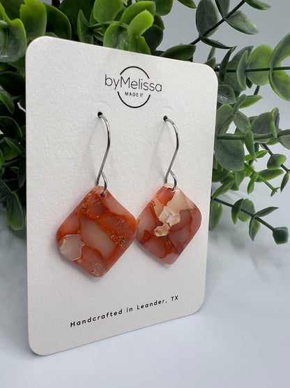 Orange and White Small Rounded Square Drop Earrings in Silver