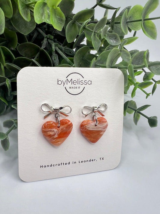 Orange and White Bowknot Heart Earrings in Silver