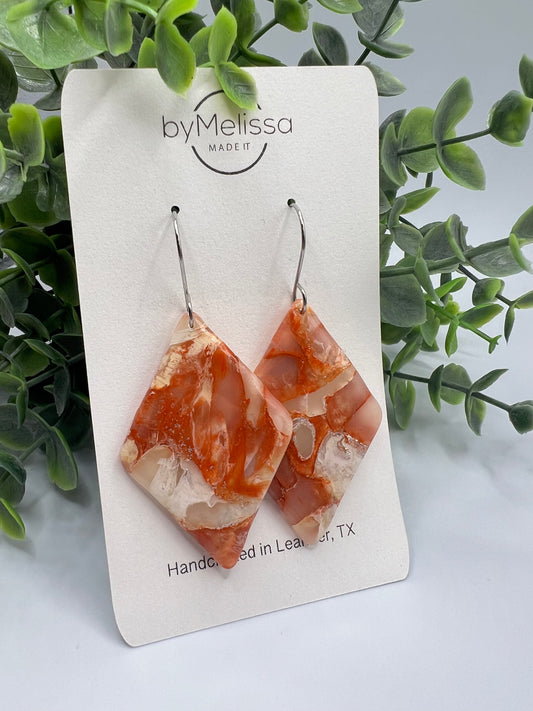 Orange and White Large Diamond Drop Earrings in Silver