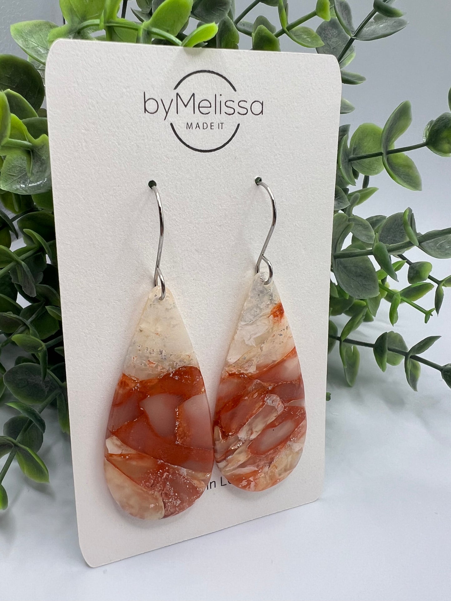 Orange and White Large Teardrop Drop Earrings in Silver