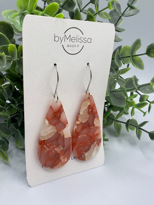 Orange and White Large Teardrop Drop Earrings in Silver