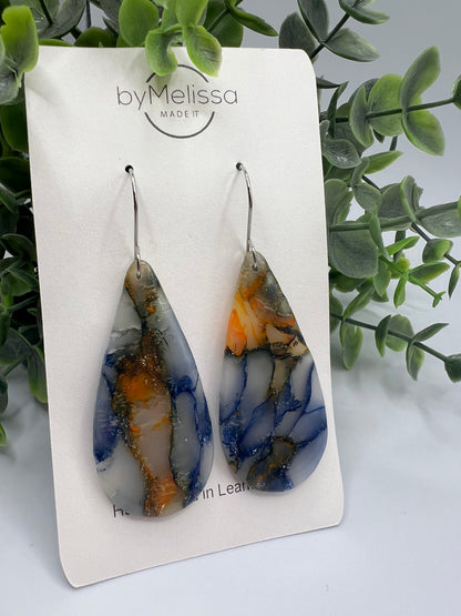 Navy and Orange Large Teardrop Drop Earrings in Silver