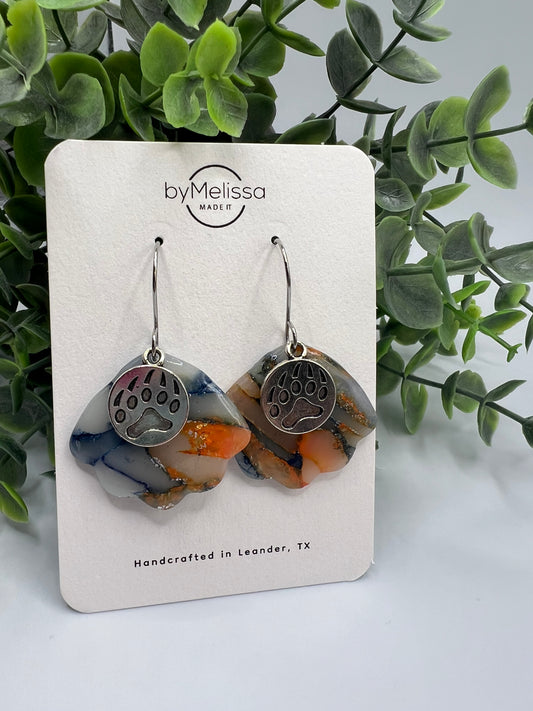 Navy and Orange Small Shell Drop Earrings with Pawprint Charm in Silver