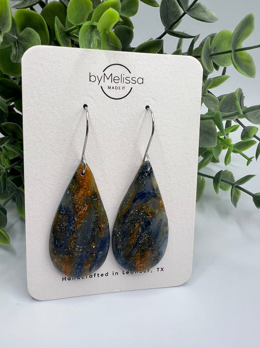 Navy and Orange Small Teardrop Drop Earrings in Silver