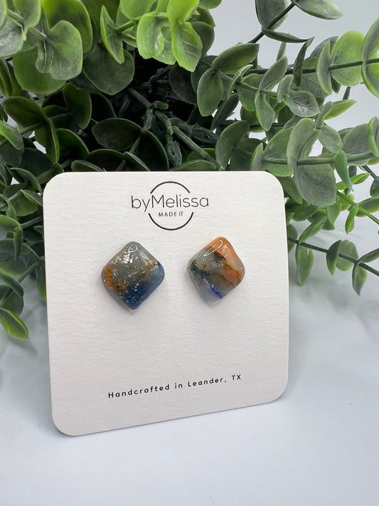 Navy and Orange Rounded Square Stud Earrings