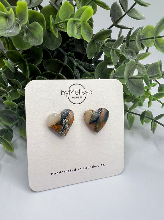 Navy and Orange Heart Stud Earrings