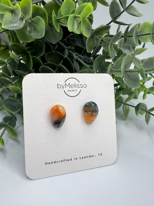 Navy and Orange Teardrop Stud Earrings