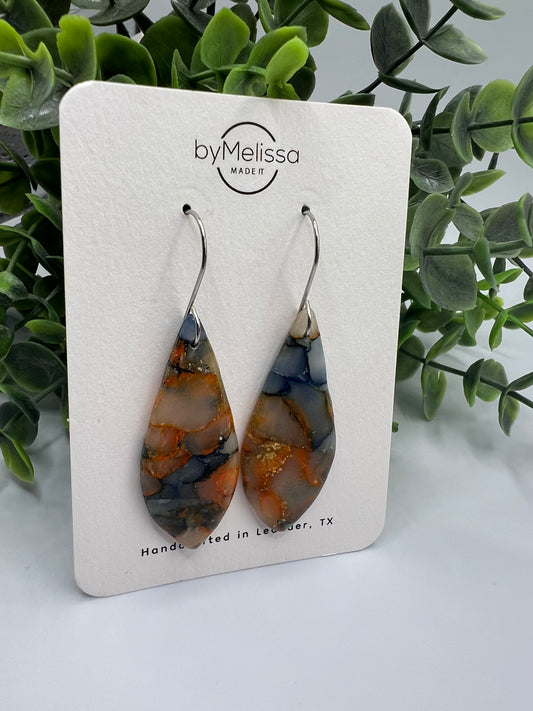 Navy and Orange Small Elongated Kite Drop Earrings in Silver