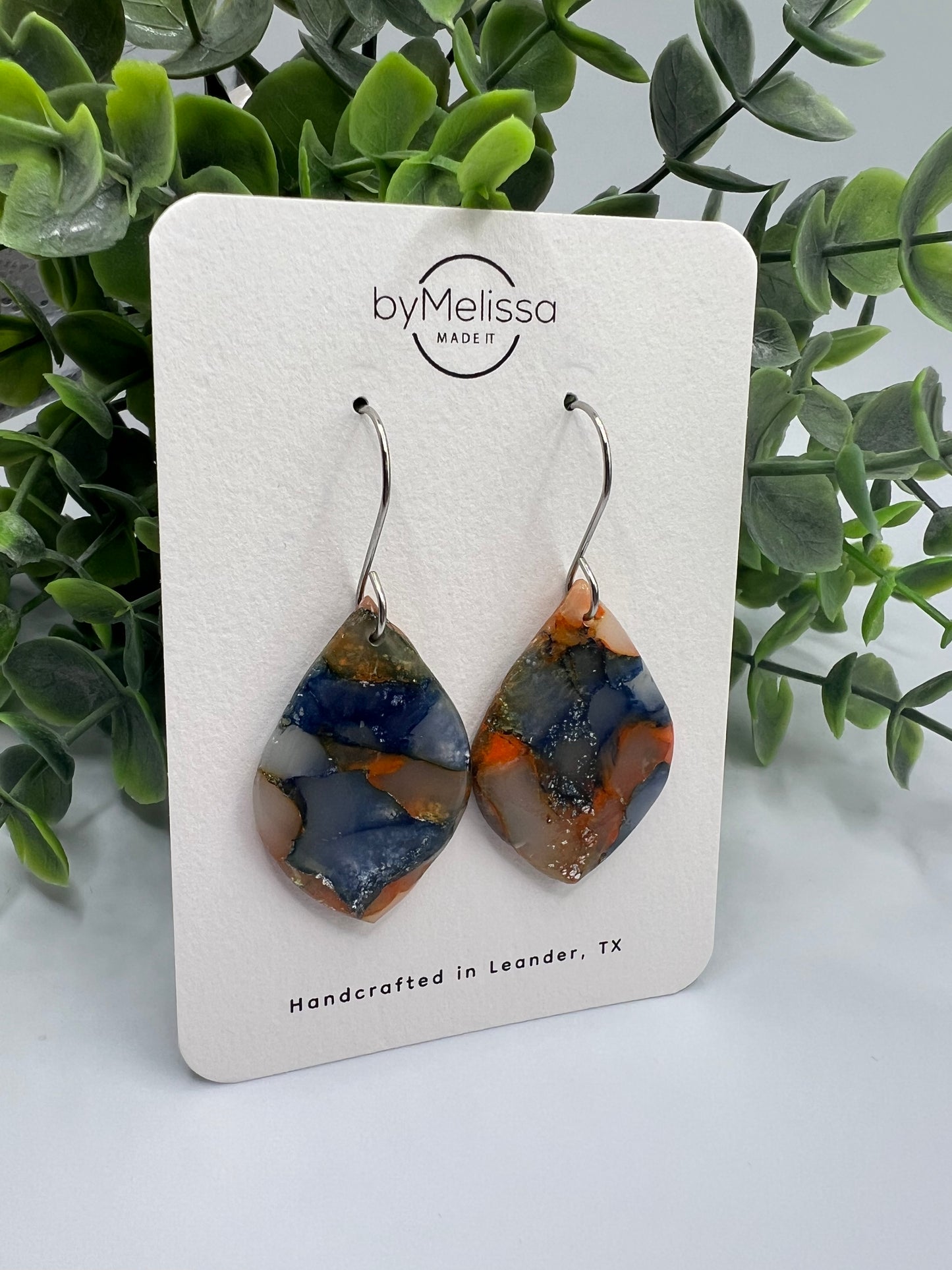 Navy and Orange Small Wide Leaf Drop Earrings in Silver