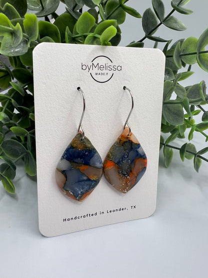 Navy and Orange Small Wide Leaf Drop Earrings in Silver