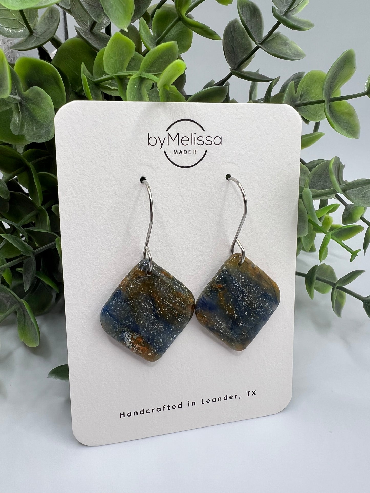 Navy and Orange Small Rounded Square Drop Earrings in Silver