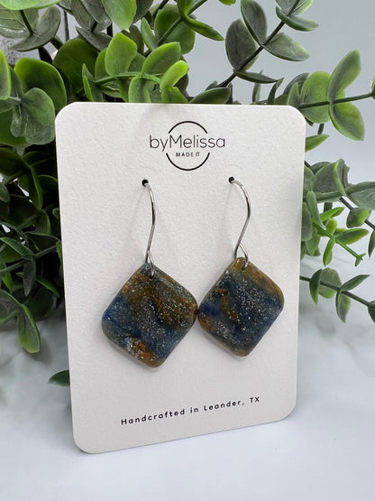 Navy and Orange Small Rounded Square Drop Earrings in Silver