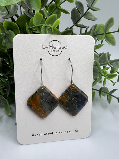 Navy and Orange Small Rounded Square Drop Earrings in Silver