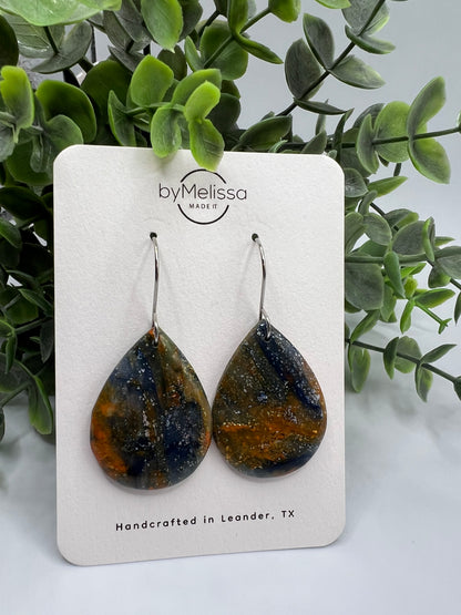 Navy and Orange Small Wide Teardrop Drop Earrings in Silver