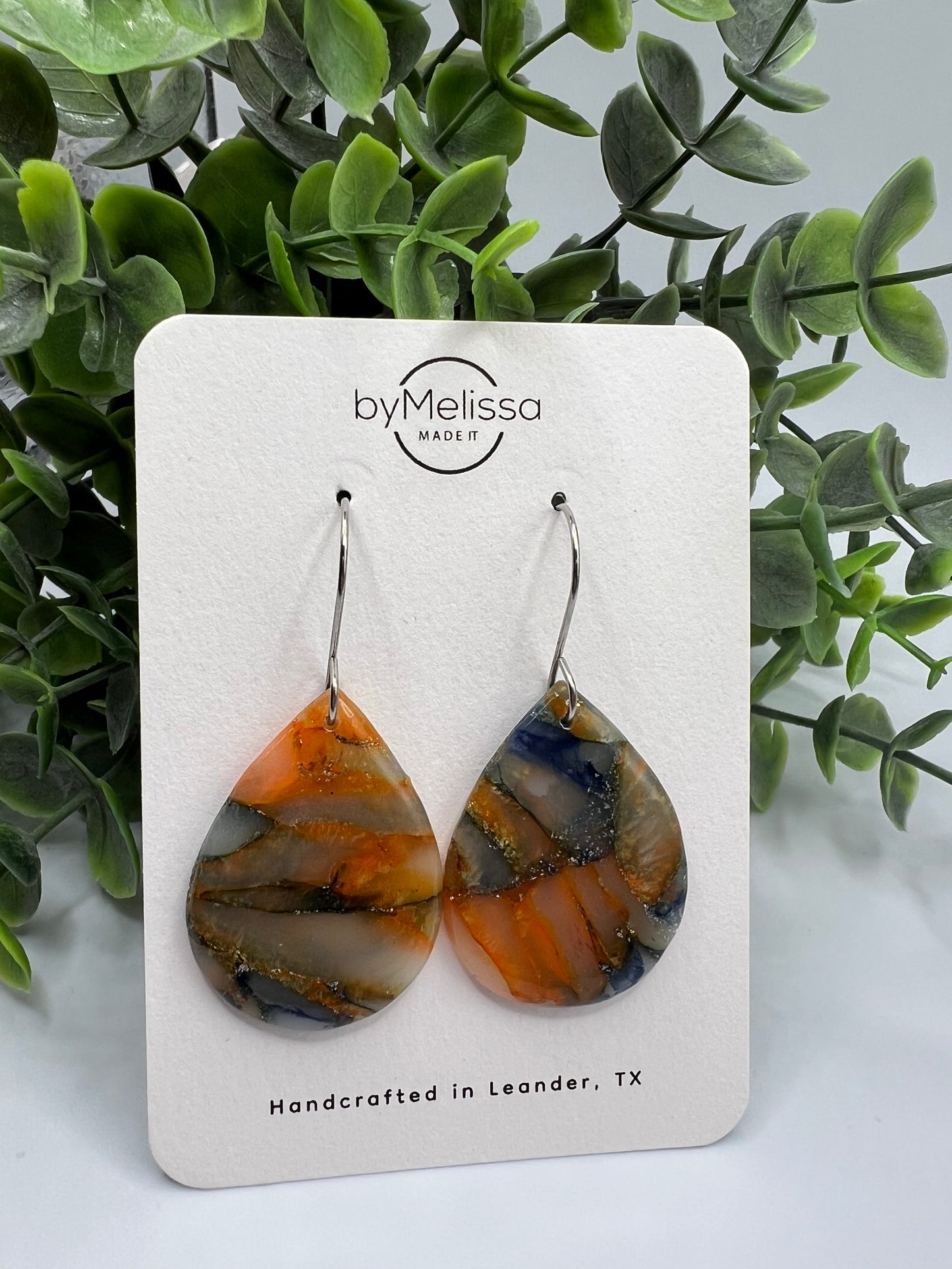 Navy and Orange Small Wide Teardrop Drop Earrings in Silver