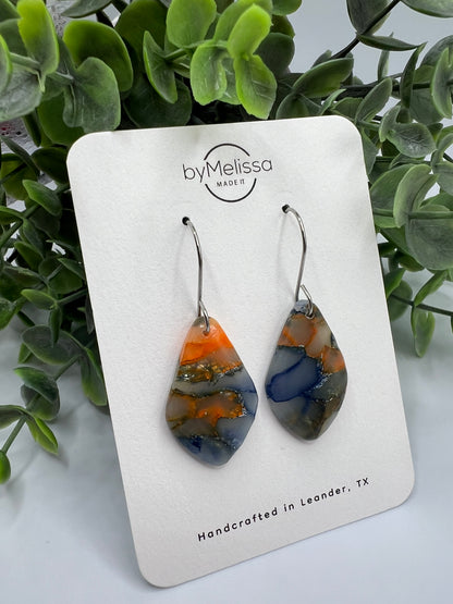 Navy and Orange Small Kite Drop Earrings in Silver