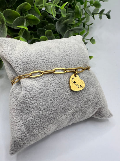 Engraved Petite Paperclip Bracelet with Heart Pendant