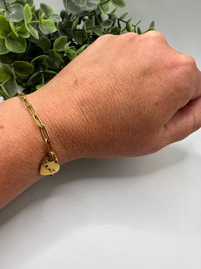 Engraved Petite Paperclip Bracelet with Heart Pendant